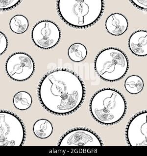 Motivo senza cuciture di lampade e lanterne in vintage kerosene con disegno circolare in pizzo su sfondo colorato. Cucina ornata Illustrazione Vettoriale