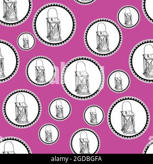 Motivo senza cuciture di lampade e lanterne in vintage kerosene con disegno circolare in pizzo su sfondo colorato. Cucina ornata Illustrazione Vettoriale