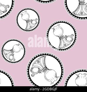 Motivo senza cuciture di lampade e lanterne in vintage kerosene con disegno circolare in pizzo su sfondo colorato. Cucina ornata Illustrazione Vettoriale