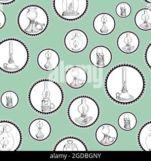 Motivo senza cuciture di lampade e lanterne in vintage kerosene con disegno circolare in pizzo su sfondo colorato. Cucina ornata Illustrazione Vettoriale