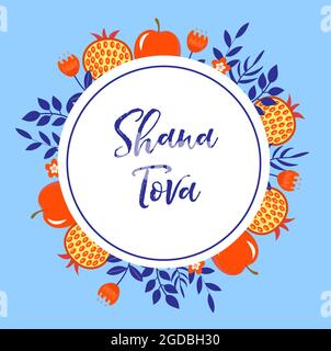 Happy Rosh Hashanah biglietto d'auguri. Shana Tova modello per il tuo design con simboli e fiori tradizionali. Festa ebraica. Felice anno nuovo in Israele Illustrazione Vettoriale