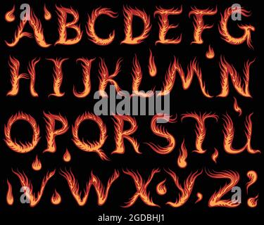 Font Fiery. Set di design. Illustrazione disegnata a mano modificabile. Incisione vettoriale. Isolato su sfondo nero. 8 EPS Illustrazione Vettoriale