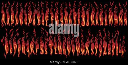 Font Fiery. Set di design. Illustrazione disegnata a mano modificabile. Incisione vettoriale. Isolato su sfondo nero. 8 EPS Illustrazione Vettoriale