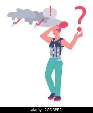 Sconvolto donna imbarazzata che ha problemi e problemi irrisolti, vettore piatto isolato. Illustrazione Vettoriale
