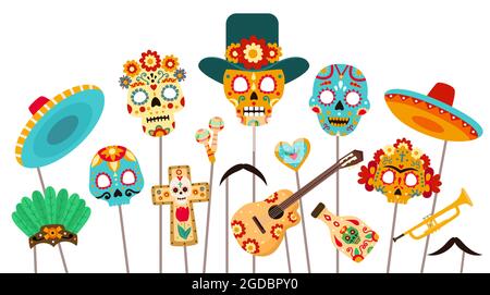 Cabina fotografica Dead of Day. Maschere cranio, sombrero e puntelli per la festa di dia de los Muertos. Set vettoriale piatto decorazioni natalizie messicane halloween Illustrazione Vettoriale