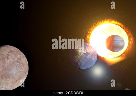 Il sole e la fiamma solare riscaldano i pianeti appartenenti al sistema planetario, Venere, Terra, Marte, Luna. Foto Stock