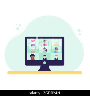Corso online sulle videoconferenze. I bambini frequentano l'insegnante in classe online. Videochiamata su un dispositivo desktop. Illustrazione vettoriale, des piatto Illustrazione Vettoriale