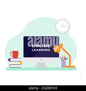Concetto di apprendimento online. Computer desktop, lampada, libri, caffè e forniture ufficio sulla scrivania. Ritorno a scuola. Illustrazione vettoriale, design piatto Illustrazione Vettoriale