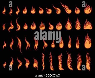 Fiamme. Set di design. Illustrazione disegnata a mano modificabile. Incisione vettoriale. Isolato su sfondo nero. 8 EPS Illustrazione Vettoriale