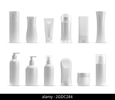 Bottiglie cosmetiche realistiche, vasetto di crema e mockup a tubo. Shampoo, lozione, cura della pelle, prodotti di bellezza e igiene confezioni in plastica set vettoriale Illustrazione Vettoriale