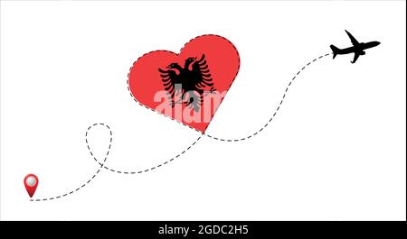 Volo in aereo con bandiera della Repubblica di Albania nel cuore. Viaggia nel tuo paese preferito. Immagine piatta vettoriale. Illustrazione Vettoriale