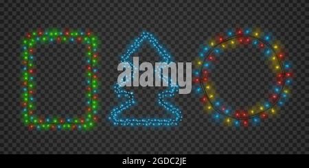 Montature di ghirlanda natalizia leggera a forma di tondo, quadrato e albero. Xmas glow border decorazione per i saluti di vacanza. Luci e spie gruppo vettoriale wreath Illustrazione Vettoriale