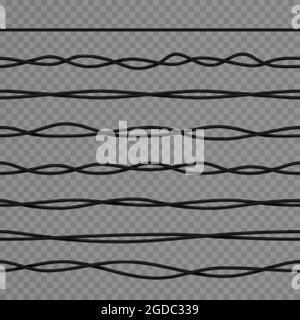 Cavi elettrici ricurvi neri realistici e cavi di alimentazione industriali. rete flessibile 3d con isolamento in gomma. Set vettoriale di cablaggio intrecciato Illustrazione Vettoriale
