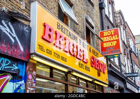 Cartello per il Beigel Shop a Brick Lane, East London, UK Foto Stock