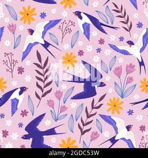 Vintage modello senza giunture con rondini volanti, fiori e piante. Stampa prato rurale con uccelli e foglie. Carta da parati vettoriale nucleo cottage Illustrazione Vettoriale