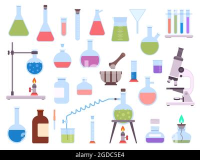 Attrezzature per vetreria da laboratorio di chimica piatta per esperimenti scientifici. Becher medico da laboratorio, provetta per analisi, microscopio, bruciatore e set vettoriale per matracci Illustrazione Vettoriale