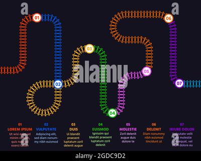 Infografica su gradini o opzioni con mappa e numeri dei binari ferroviari. Presentazione con linea ferroviaria piatta. Modello di concetto vettoriale del piano aziendale Illustrazione Vettoriale
