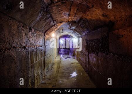 Vecchio tunnel di drenaggio sommerso sotterraneo a volta scura. Foto Stock