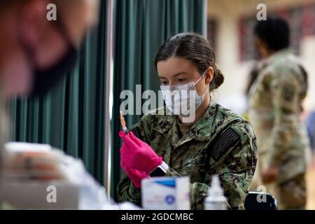 L'USS Navy Hospitalman Molly Applegate, assegnato al comando di preparazione e addestramento della Marina Medicine Lemoore, si prepara a somministrare un vaccino COVID presso un Centro di vaccinazione comunitario gestito dallo stato e sostenuto a livello federale a Elizabeth, N.J.. Il comando nordico degli Stati Uniti, attraverso l'Esercito nordico degli Stati Uniti, rimane impegnato a fornire supporto continuo e flessibile del Dipartimento della Difesa all'Agenzia Federale di Gestione delle emergenze come parte della risposta di tutto il governo al COVID-19. (STATI UNITI Fotografia marina di Barry Riley, specialista capo della comunicazione di massa) Foto Stock