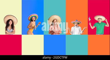 Set di messicani in cappelli sombrero su sfondo a colori Foto Stock