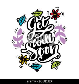 Lettere a mano ottenere ben presto carta decorata con floreale disegnato a mano. Lettere a mano ottenere ben presto carta decorata con floreale disegnato a mano. Foto Stock