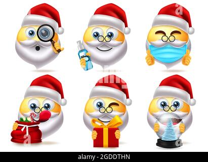 Babbo natale smileys insieme vettoriale caratteri di natale. Natale santa personaggi sorridono in maschera, disinfettante, lente d'ingrandimento e regalo per cute xmas. Illustrazione Vettoriale