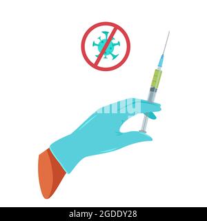 Mano in guanti medici che tengono una siringa, vaccinazione contro il virus, illustrazione vettoriale in stile piatto Illustrazione Vettoriale