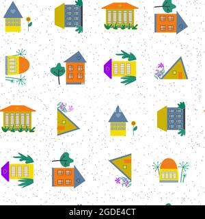 Modello di hous. Modello astratto del paese. Texture senza cuciture con il paesaggio del villaggio, case su sfondo bianco. Ripetere il modello senza fine, vettore piatto illus Illustrazione Vettoriale