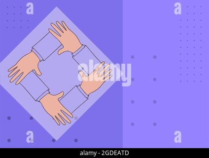 Quattro mani che disegnano insieme il braccio di supporto mostrando il simbolo di collegamento. Connected Arms Design tiene i polsi visualizzati cooperazione Teamwork strong Bond. Illustrazione Vettoriale
