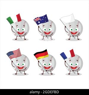 Il personaggio dei cartoni animati da baseball porta le bandiere di vari paesi. Illustrazione vettoriale Illustrazione Vettoriale