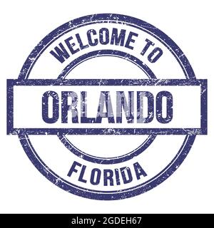 BENVENUTI A ORLANDO - FLORIDA, parole scritte su un semplice timbro rotondo blu Foto Stock