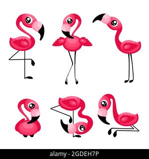 Carino set di fenicotteri cartoon. Illustrazione vettoriale piatta. Illustrazione Vettoriale