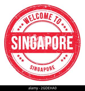 BENVENUTI A SINGAPORE - SINGAPORE, parole scritte sul francobollo rosso rotondo Foto Stock