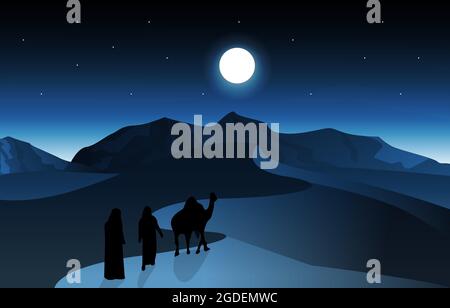 Notte Arabo Desert Camel Caravan Islamic Culture Illustrazione Illustrazione Vettoriale