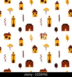 Carino modello senza giunture con la vecchia casa di città. Alberi e foglie gialli e arancioni. Illustrazione grafica vettoriale. Doodle stile cartone animato. Illustrazione Vettoriale