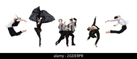 Collage di ritratti di ballerini maschi e femmine danzanti isolati su sfondo bianco. Concetto di arte, teatro, bellezza e creatività Foto Stock