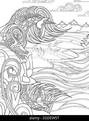 Unicorn in piedi fissando alla riflessione dell'acqua sul disegno di linea incolore di Windy Shore. Il mitico Horned Horse si erge guardando il libro di disegno River Bank Illustrazione Vettoriale
