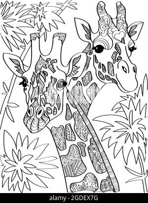 Due giraffa testa guardando su entrambi i lati con Tall Trees disegno linea incolore. Giraffa teste lungo collo con foglie sfondo colorazione pagina Libro. Illustrazione Vettoriale