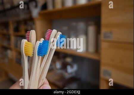 Una donna sta tenendo molti spazzolini eco-friendly di bambù Foto Stock