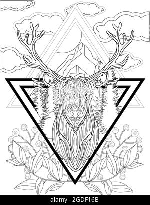 Alce con corni grandi rivolti in avanti in forme triangolari Nuvole foglie sfondo disegno linea incolore. Libro da colorare Animal with Antlers Front View Illustrazione Vettoriale