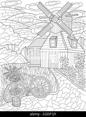 Fattoria classica con Wind Mill accanto A una bicicletta con colline sfondo disegno linea incolore. Old House in campi da agricoltura circondato da colore erba Illustrazione Vettoriale