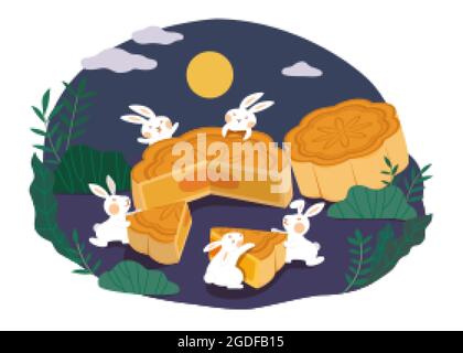 Design del festival di metà autunno. Illustrazione piatta di un gruppo di conigli di giada che condividono un pezzo di mooncake, un dessert festivo, nella notte di luna piena Illustrazione Vettoriale