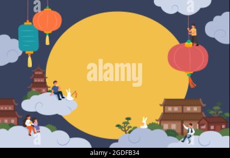 Design del festival di metà autunno. Illustrazione piatta della gente cinese che vive sulle nuvole che guarda la luna piena da vicino sul festival della mooncake Illustrazione Vettoriale