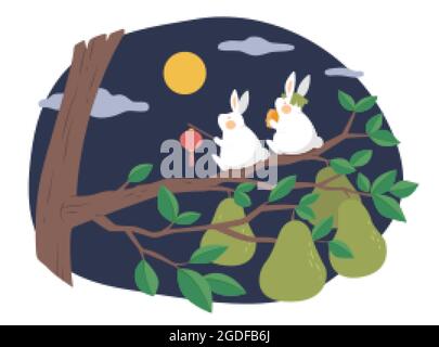 Design del festival di metà autunno. Illustrazione piatta dei conigli di giada che si siedono sul ramo dell'albero del pomelo, mangiando la mooncake e guardando la luna come celebrratio di festa Illustrazione Vettoriale