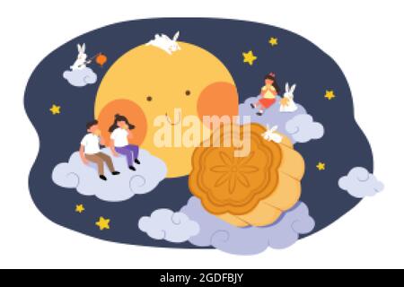 Design del festival di metà autunno. Illustrazione piatta della gente sulle nubi che guarda la luna piena e che mangia i mooncakes come celebrazioni di festa Illustrazione Vettoriale