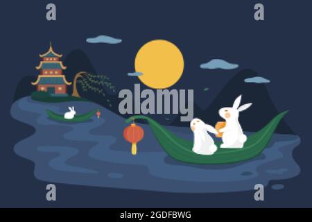 Design del festival di metà autunno. Illustrazione piatta dei conigli di giada che si sgonfano su un fiume e che guardano la luna di notte come festa Illustrazione Vettoriale