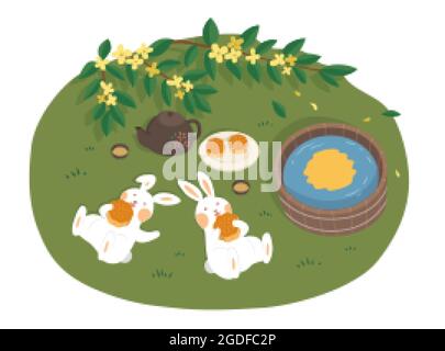 Design del festival di metà autunno. Illustrazione piatta dei conigli di giada che giacciono sull'erba, mangiando i mooncakes e guardando la luna come celebrazioni di festa Illustrazione Vettoriale