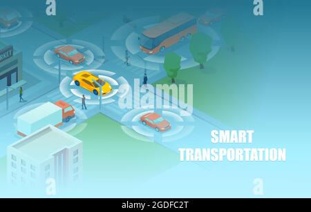 Vettore di una città intelligente con mezzi pubblici e auto in movimento nelle strade della città utilizzando sensori e autopilota Illustrazione Vettoriale