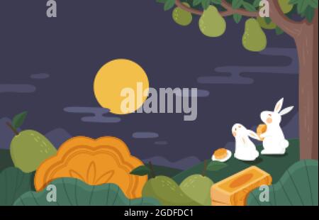 Design del festival di metà autunno. Illustrazione piatta dei conigli di giada che si siedono sotto l'albero di pomelo, mangiando i mooncakes e guardando la luna come celebrazione di festa Illustrazione Vettoriale