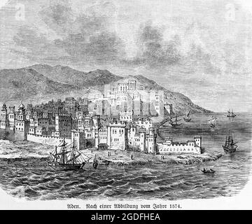 Vista della città di Aden nel 16 ° secolo, Penisola Araba, Yemen, Asia, illustrazione storica 1881 Foto Stock